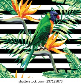 Bird in the painting parrot sits on a flower of paradise Strelitzia in floral tropic jungle with banana palm leaf wallpaper. On the geometric black and white stripe background. Seamless vector pattern