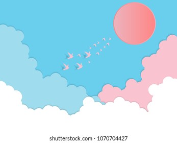 bird paper art concept with pastel cloud background,vector and illustration