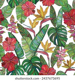 Bird of paradise and blooming hibiscus flowers. Vector seamless pattern with hand drawn floral tropical theme