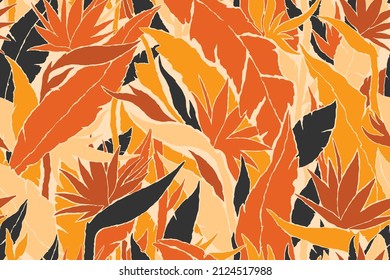 Bird of Paradise Exotic  Jungle plants pattern. Contemporary floral seamless pattern. Vector illustration background. 