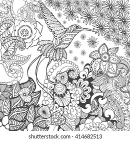 Bird of paradise in fantasy garden. Animals. Hand drawn doodle. Ethnic patterned illustration. African, indian, totem tatoo design. Sketch for avatar, tattoo, poster, print or t-shirt.