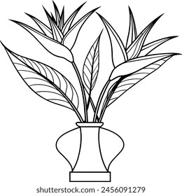 Bird of Paradise flower on the vase outline illustration coloring book page design, Bird of Paradise flower on the vase black and white line art drawing coloring book pages for children and adults