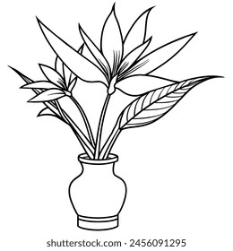 Bird of Paradise flower on the vase outline illustration coloring book page design, Bird of Paradise flower on the vase black and white line art drawing coloring book pages for children and adults