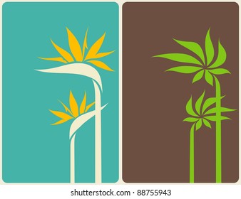 Bird of paradise flower and palm tree leaf. Vector illustration.