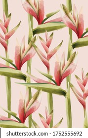 Ave del patrón de flores del paraíso. Paleta verde y roja. Acuarela. Vector