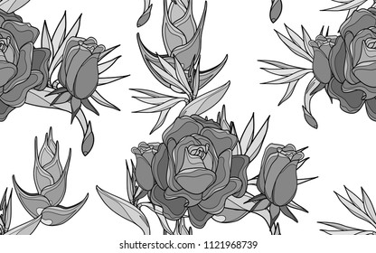 Bird paradise flower and roses. Palm leaves and exotic flowers composition. Vector illustration. Botanical seamless background. Digital nature art.