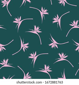 Bird of paradise flower seamless pattern. Vector illustration. Minimalist pattern for background, textiles, wrapping paper. Strelitzia silhouette repeating pattern. Pink flowers on green background. 