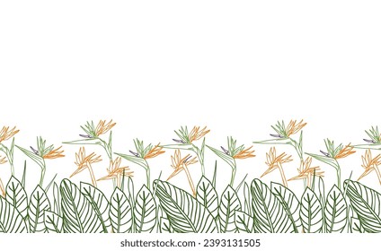 Ave del paraíso flor estrelitzia tropical floral sin costura con colores verde y naranja. Fondo vectorial para impresiones, tela, papel de pared, papel de envoltura, afiche, tarjeta.