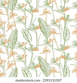 Bird of paradise flower tropical strelitzia floral seamless pattern with green and orange colors. Vector background for prints, fabric, wallpapers, wrapping paper, poster, card.