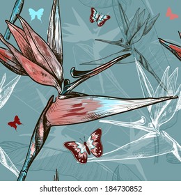 bird of the paradise flowers seamless pattern