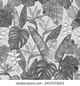 Bird of paradise, heliconia and hibiscus flowers. Vector seamless monochrome pattern with hand drawn floral tropical theme
