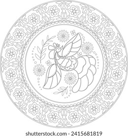 Bird of Paradise ornamental round doodle illustration. Black outline floral mandala,Linear Folk art,coloring page,embroidery template.