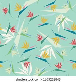 Bird of paradise plant seamless pattern. Minimalist, playful and colorful summer pattern for textiles, interiors and fashion. 