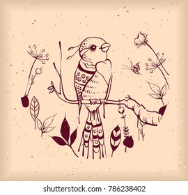 Bird of paradise sits on branch among flowers and fruits. Abstract drawing of handmade. Vector nature illustration
