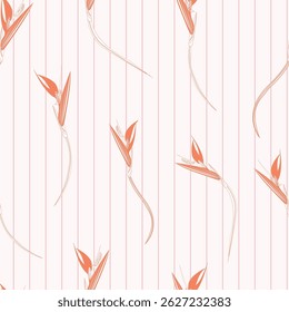 Bird of paradise, or strelitzia flowers scattered minimally on a vertical striped background in muted colors of orange, pink on off white. Tropical seamless vector pattern. Great for homedecor, fabric