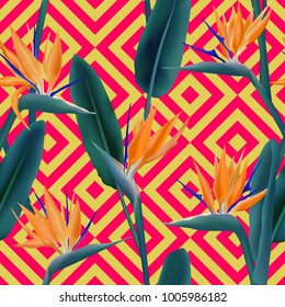 Bird of paradise tropical flower vector seamless pattern.  Creative african crane flower or strelitzia reginae blossom floral textile pattern. Jungle leaves, paradise tropical plant design.