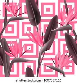Bird of paradise tropical flower vector seamless pattern.  Fashionable african crane flower or strelitzia reginae blossom floral fabric pattern. Jungle leaves, paradise tropical plant backdrop.