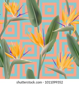 Bird of paradise tropical flower vector seamless pattern.  Modern african crane flower or strelitzia reginae blossom floral fabric pattern. Jungle leaves, paradise tropical plant design.