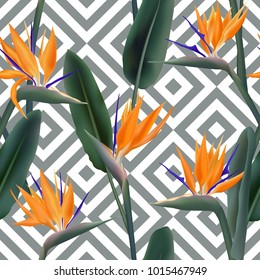 Bird of paradise tropical flower vector seamless pattern.  Delicate african crane flower or strelitzia reginae blossom floral textile pattern. Jungle leaves, paradise tropical plant background.