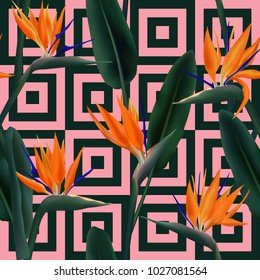 Bird of paradise tropical flower vector seamless pattern.  Exotic african crane flower or strelitzia reginae blossom floral fabric pattern. Jungle leaves, paradise tropical plant summer design