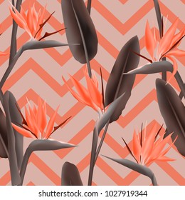 Bird of paradise tropical flower vector seamless pattern.  Fashionable african crane flower or strelitzia reginae blossom floral fabric pattern. Jungle leaves, paradise tropical plant background.