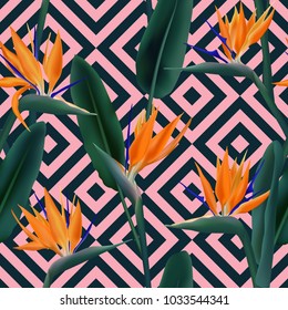 Bird of paradise tropical flower vector seamless pattern.  Decorative african crane flower or strelitzia reginae blossom floral fabric pattern. Jungle leaves, paradise tropical plant summer design