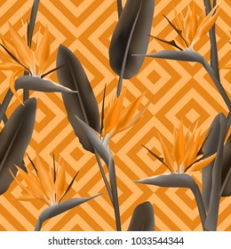 Bird of paradise tropical flower vector seamless pattern.  Modern african crane flower or strelitzia reginae blossom floral fabric pattern. Jungle leaves, paradise tropical plant design.