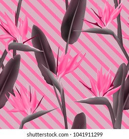 Bird of paradise tropical flower vector seamless pattern.  Fresh african crane flower or strelitzia reginae blossom floral textile pattern. Jungle leaves, paradise tropical plant backdrop.