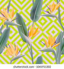 Bird of paradise tropical flower vector seamless pattern.  Stylish african crane flower or strelitzia reginae blossom floral textile pattern. Jungle leaves, paradise tropical plant seamless.
