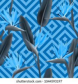 Bird of paradise tropical flower vector seamless pattern.  Modern african crane flower or strelitzia reginae blossom floral fabric pattern. Jungle leaves, paradise tropical plant seamless.