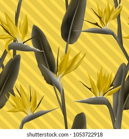 Bird of paradise tropical flower vector seamless pattern.  Exotic african crane flower or strelitzia reginae blossom floral textile pattern. Jungle leaves, paradise tropical plant background.