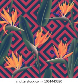 Bird of paradise tropical flower vector seamless pattern.  Modern african crane flower or strelitzia reginae blossom floral fabric pattern. Jungle leaves, paradise tropical plant backdrop.