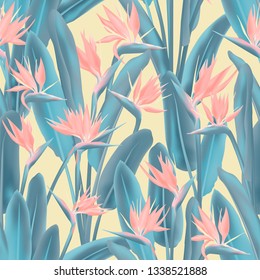 Bird of paradise tropical flower vector seamless pattern. Bohemian tropical plant fabric print design. South African plant tropical blossom of crane flower, strelitzia. Floral wallpaper.