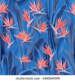 Bird of paradise tropical flower vector seamless pattern. Bohemian tropical plant fabric print design. South African plant tropical blossom of crane flower, strelitzia. Floral wallpaper.