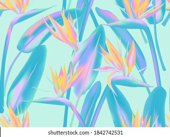Bird of paradise tropical flower vector seamless pattern. Bohemian tropical plant fabric print design. South African plant tropical blossom of crane flower, strelitzia. Floral textile print. - Shutterstock ID 1842742531