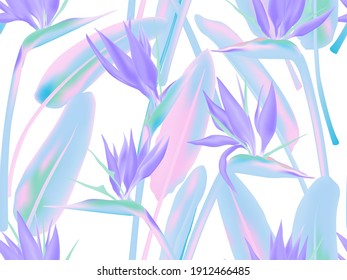 Bird of paradise tropical flower vector seamless pattern. Jungle plant paradise tropical summer fashion design. South African plant tropical blossom of crane flower, strelitzia. Floral textile print. - Shutterstock ID 1912466485