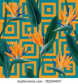 Bird of paradise tropical flower vector seamless pattern.  Stylish african crane flower or strelitzia reginae blossom floral fabric pattern. Jungle leaves, paradise tropical plant background.