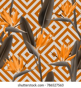 Bird of paradise tropical flower vector seamless pattern.  Cool african crane flower or strelitzia reginae blossom floral textile pattern. Jungle leaves, paradise tropical plant design.