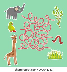 Bird parrot elephant and giraffe on green background labyrinth game for Preschool Children. Vector