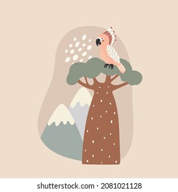 bird parrot on tree, vector illustration in cartoon flat style