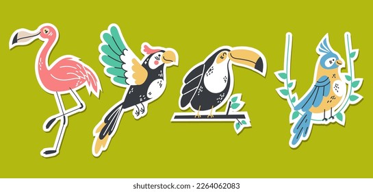 Bird parrot tropical animal summer style stickers concept set. Graphic design vector illustration
