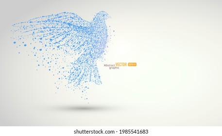 The bird of particle combination flies high on the gray background. Abstract vector animal material. 