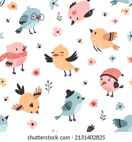 Bird pattern, childish seamless background. Perfect for fabric, textile, wrapping, wallpaper, apparel. Hand drawn vector illustration