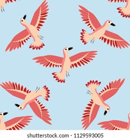 Bird pattern. Seamless texture of birds. Red bird pattern. Isolated on a blue background.