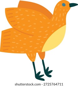 Pássaro com asa estampada e perna comprida em retalho mediano, bico para a frente e olho ponto, formas limpas com marcas texturizadas. Símbolo de liberdade, fuga, natureza e crescimento. Ilustração de vetor de desenhos animados.
