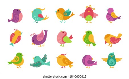 Bird With Patterns, Cartoon Set. Colorful Little Cute Birds, Different Poses, Flying. Hand Drawn Flat Abstract Icon Happy Character. Modern Trendy Vector Illustration