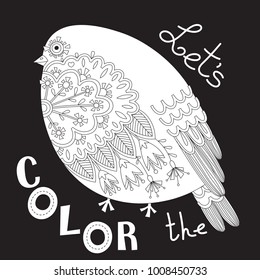 Bird with patterns and flowers. Coloring book page. Vector illustration.