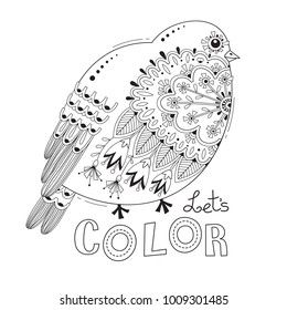 Bird with patterns and flowers. Coloring book page. Vector illustration.