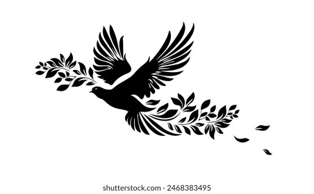 Bird of peace flying with a twig. Vector illustration. hand drawing. Not AI.