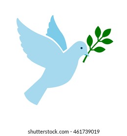 Bird peace symbol. Blue dove with green branch vectorillustration